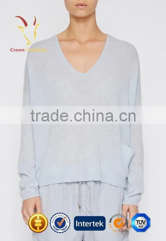Ladies Deep V Neck Light Blue Cashmere Pullover Sweater