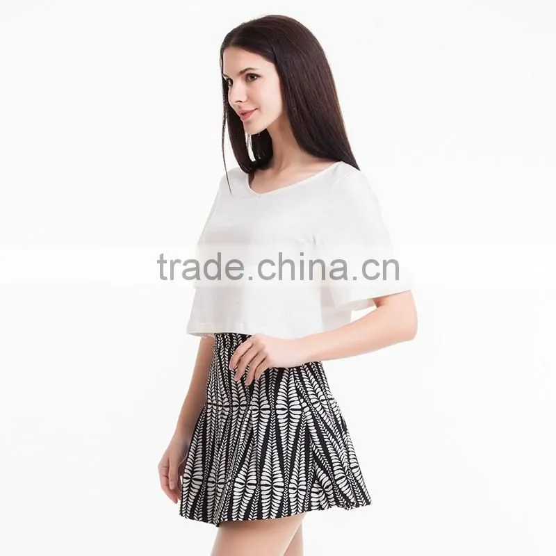 womens fashion style white blank loose classic V-neck crop tops/t shirt
