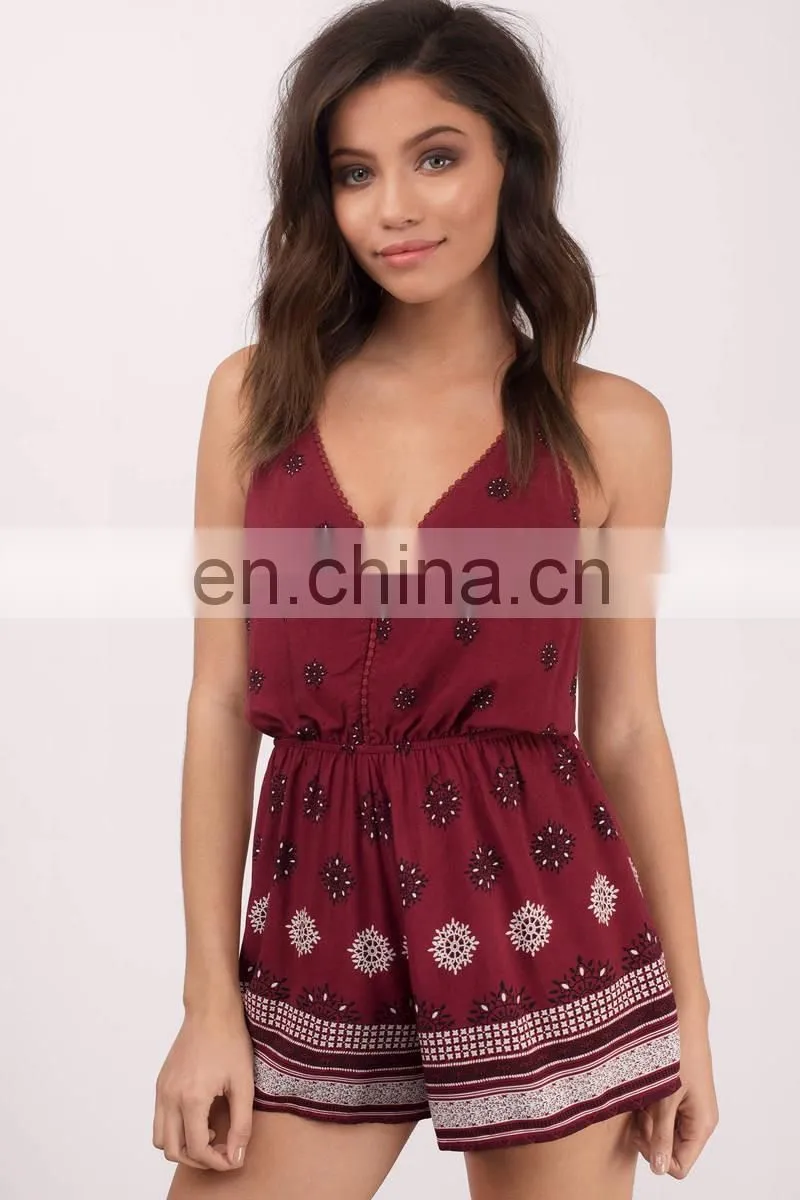 Rayon Halter Neckline Location Print Backless Romper Women