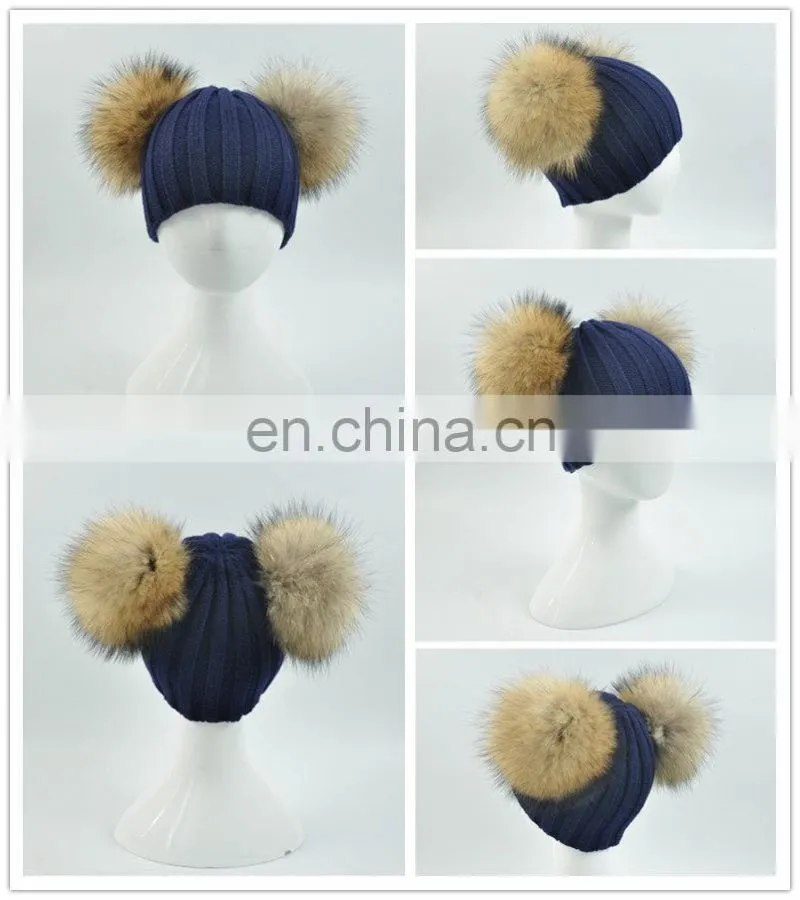 Wholesale Fashion Cheap kids Knitted Hats Real Fur Two Poms Kids Hat Winter