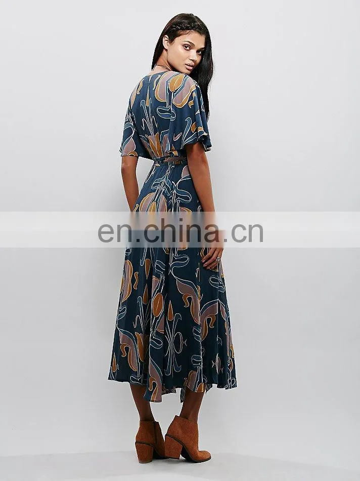 High quality deep v neck maxi wrap dress lady, long print wrap dress