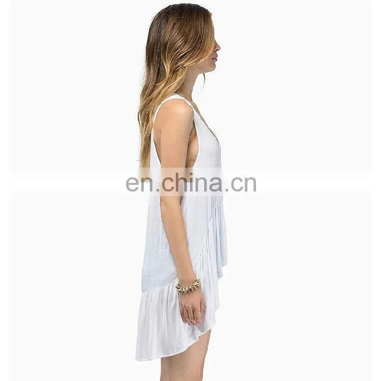 Sexy low round collar long loose ruffle tank top for woman