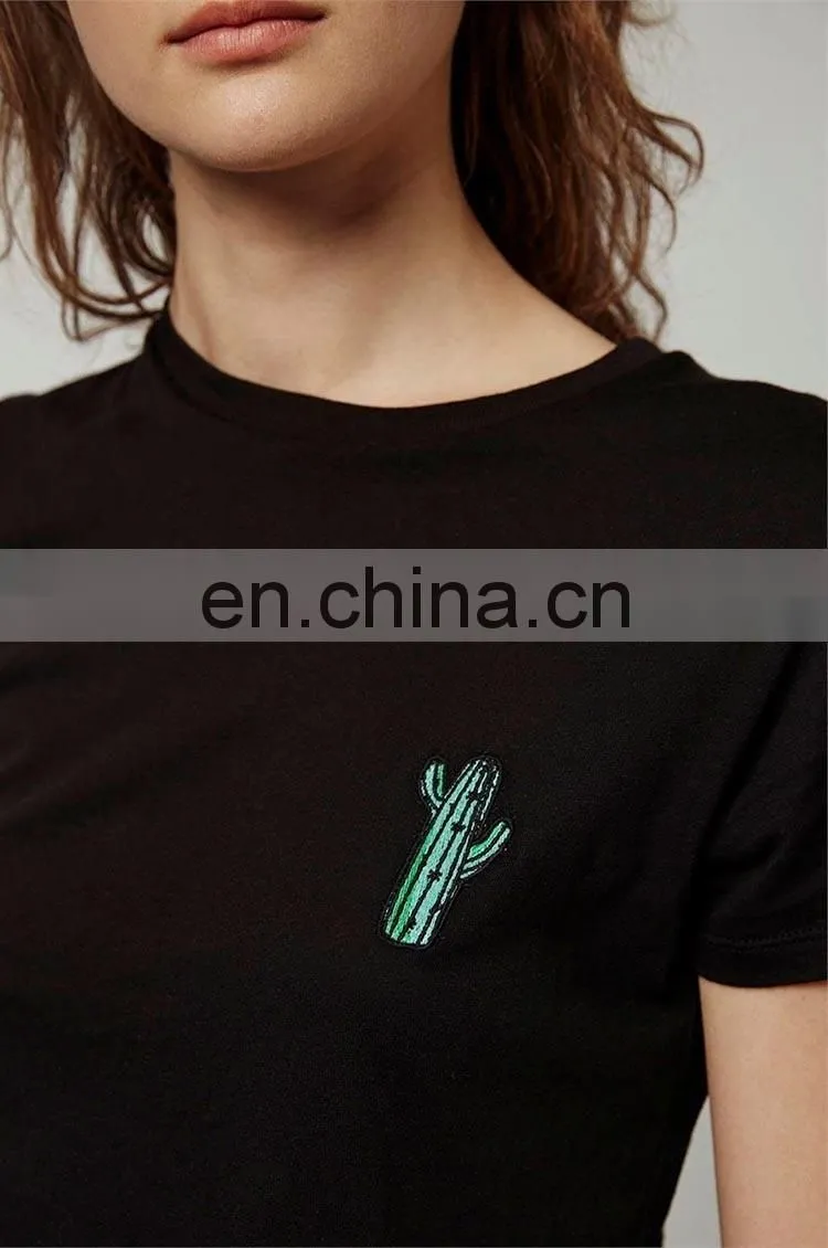 OEM service short sleeve cotton casual embroidered cactus lady black t-shirt