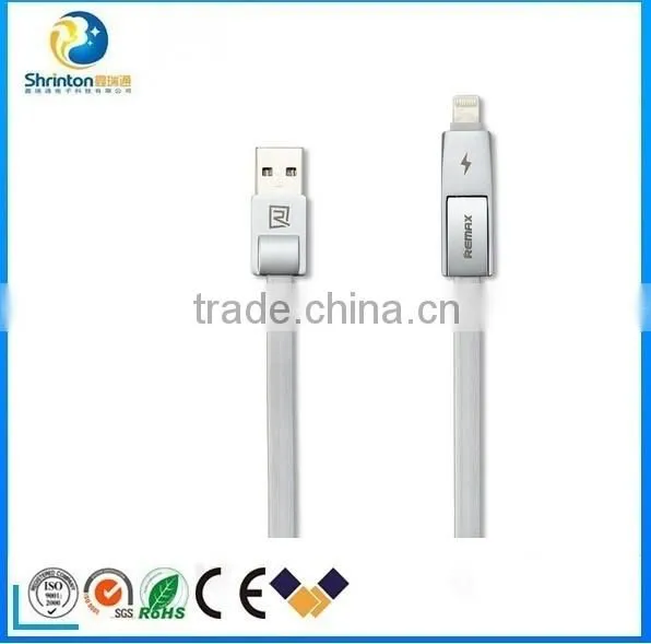 REMAX New Product 2 in 1 USB Cable Metal Connector 2.1A Fast Charging Data Cable For Iphone And Samsung Devices