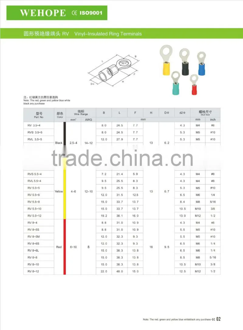 CE Vinyl Insulated pvc or nylon sleeve tinned copper or brass wire connector ring terminal