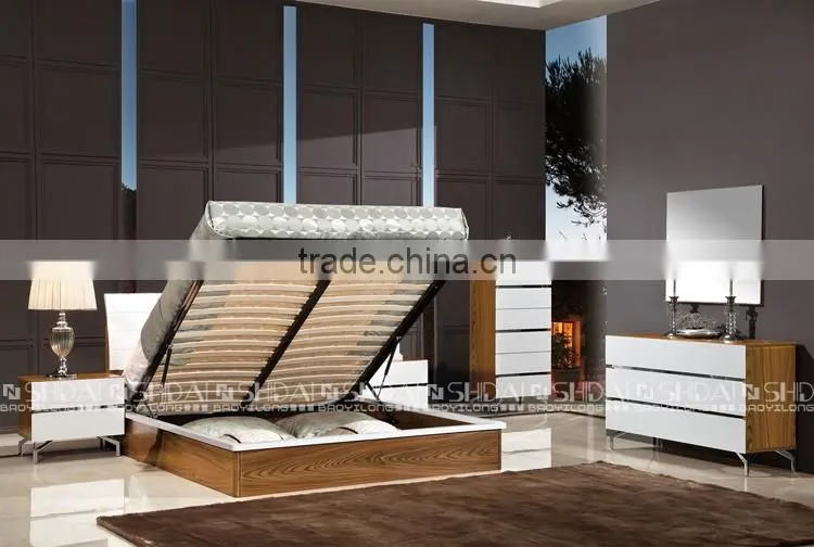 2016 NEW Walnut Color White Headboard Wood Double Bed Designs With Box Storage B-825L