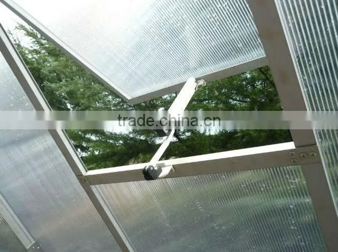 aluminum greenhouse with one lockable door and four roof windows