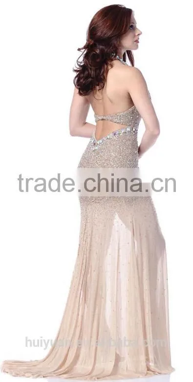 sexy cream halter beaded bling backless cocktail dress