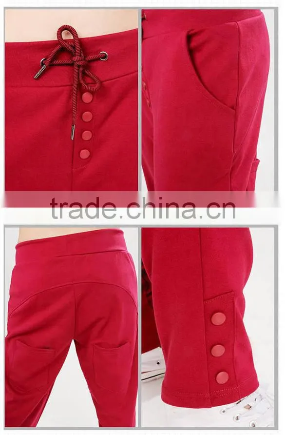 100%Cotton Womens Summer Casual Long Sports Pants with Drawstring & Button Design