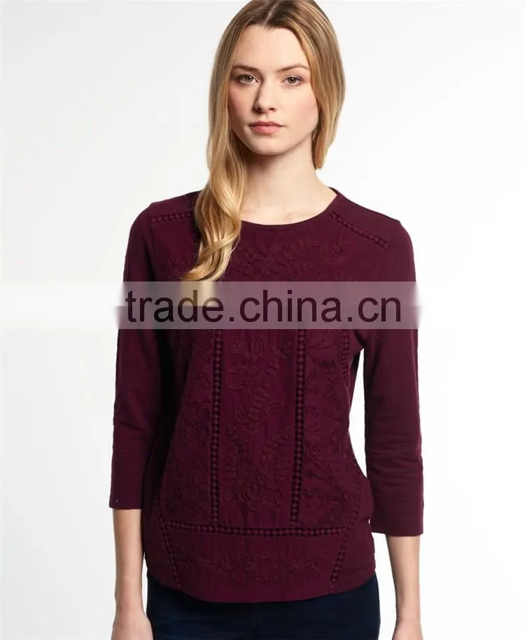2017 Hot Selling Guangzhou Shandao New Style Women Autumn Casual Wine Red 3/4 Sleeve Round Neck Embroidered Rayon Tops