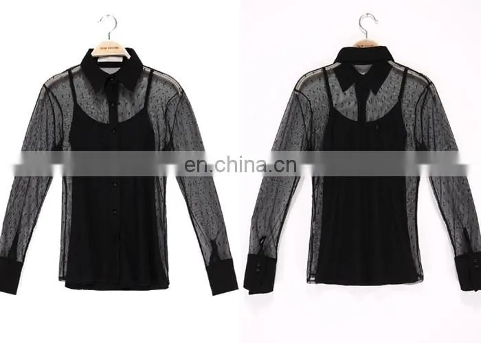 Factory Price Cheap Embellished Blouse, Black Mesh Blouse , Sexy See-through Blouse For Ladies
