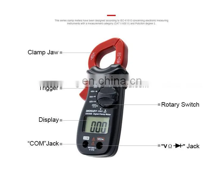Allosun Handheld clamp meter digital AC DC Volt AC Amp OHM LCD Audible Diode Tester Portable Handheld Clamp Multimeter