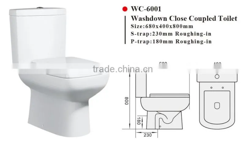 WC-6001 Washdown Two-Piece Toilet with Soft Closing Cover Ramp Down Closer, Water Closet Toilet Bowl