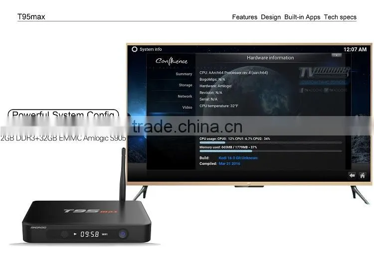 T95MAX 1000M network kodi 16.0 2G ROM 16G RAM miracast android5.1 tv box with wifi antenna