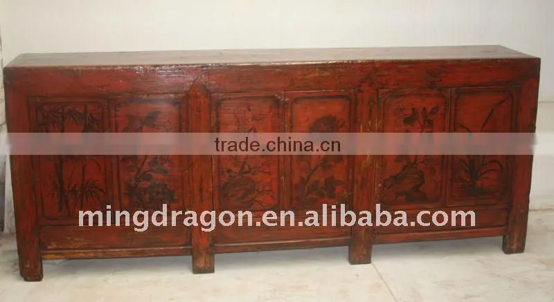 Antique Chinese Old Beautiful Painted Long Cabinet