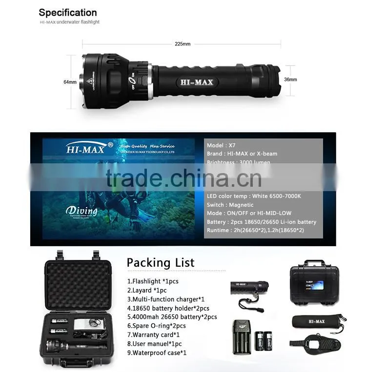 HI-MAX X 7 3000 Lumen Most Powerful U2 Long Distance Scuba Led Diving Torch Spot FlashLight