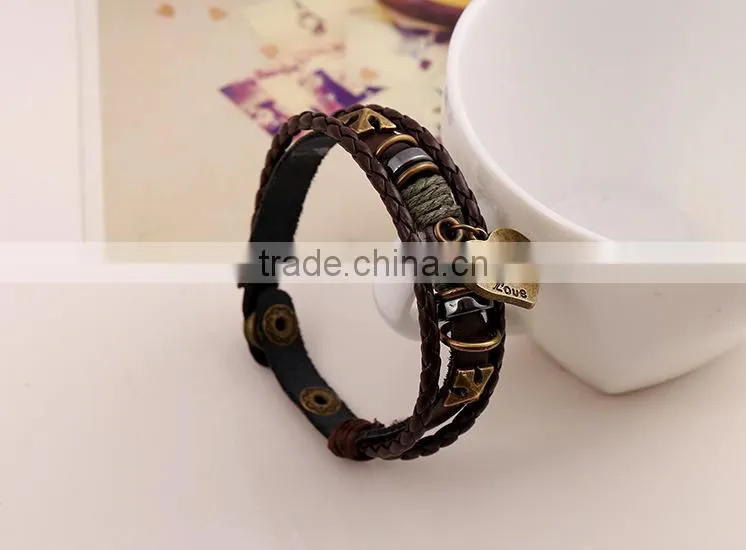 snap heart boys imitation leather bracelet factory
