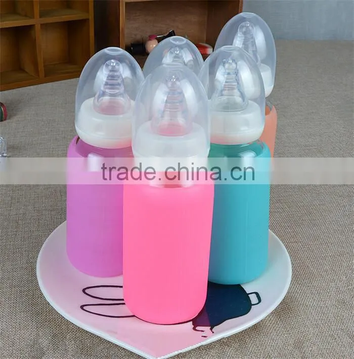 High quality cute baby feeding bottle,food grade BPA free baby feeding bottle,silicone glass milk bottle for baby feeding