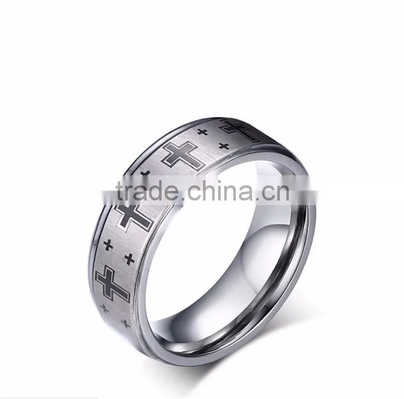8 mm Cross Band Silver Color Tungsten Carbide Ring