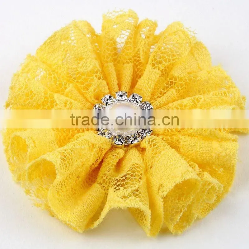 lace flower with pearl rhinestone in center for kids hair accessories
