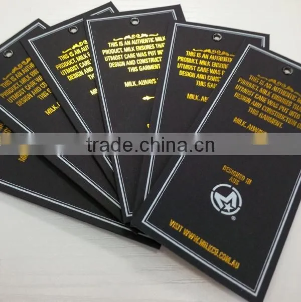 2017 custom high quality black cardboard paper hang tags with gold stamping logo