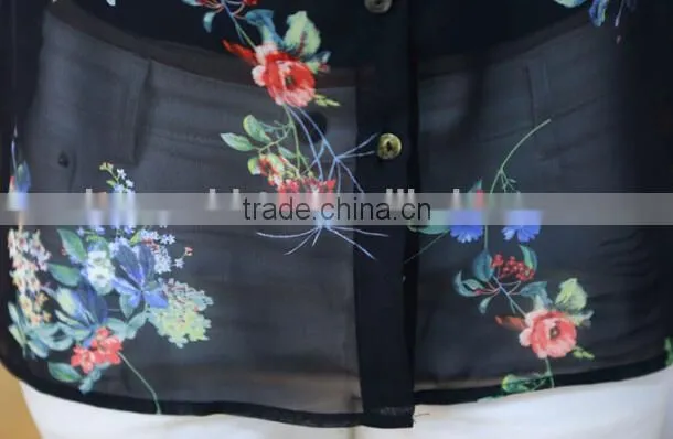 Hot black floral print chiffon shirts for woman chiffon long sleeve chiffon tops