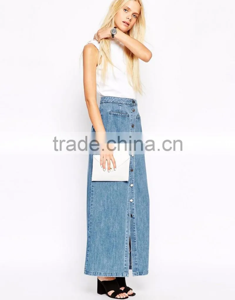 New arrival button front ladies denim skirt wholesale jean maxi skirts 2015
