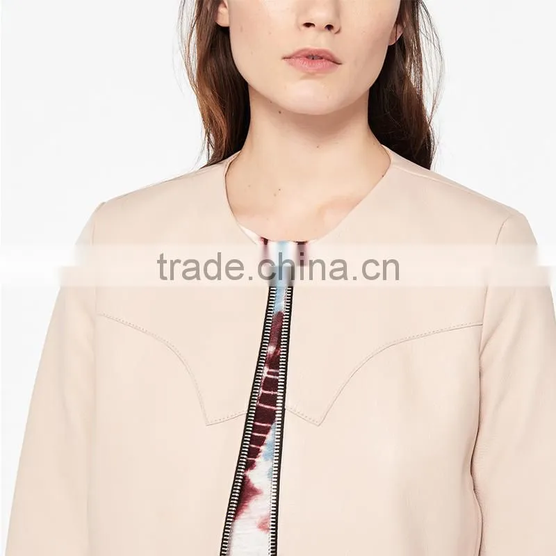 2017 newest simple style round neck wavy hem short leather jacket women
