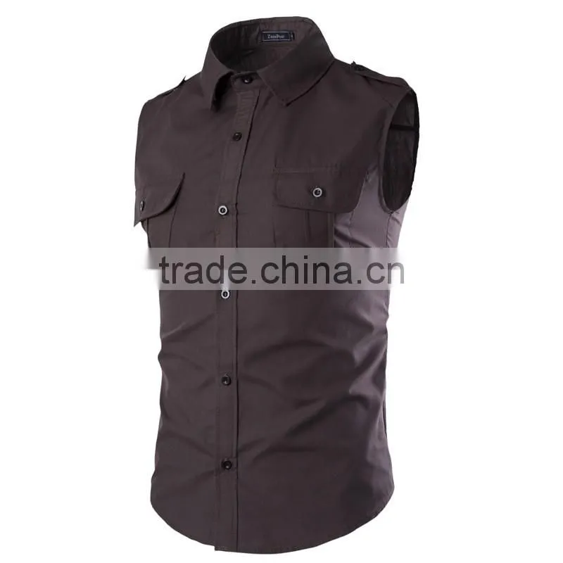 Two chest pockets sleeveless casual cotton men shirts