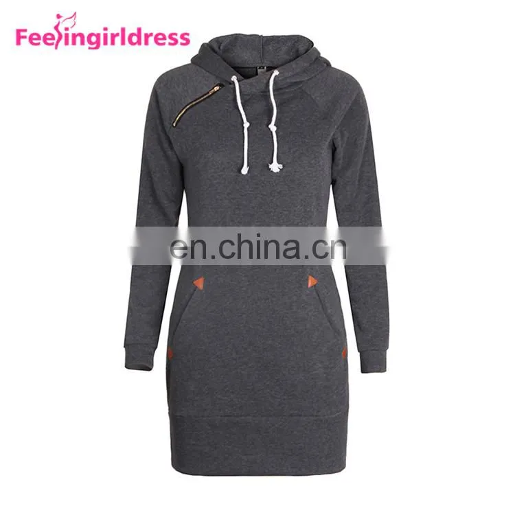 Fashion Plain Long Sleeve Slit Pullover Hoodie Women Winter Dress
