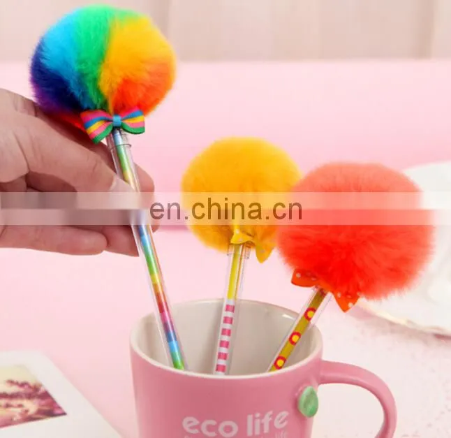 rainbow pom pom pen fur gel ink pen