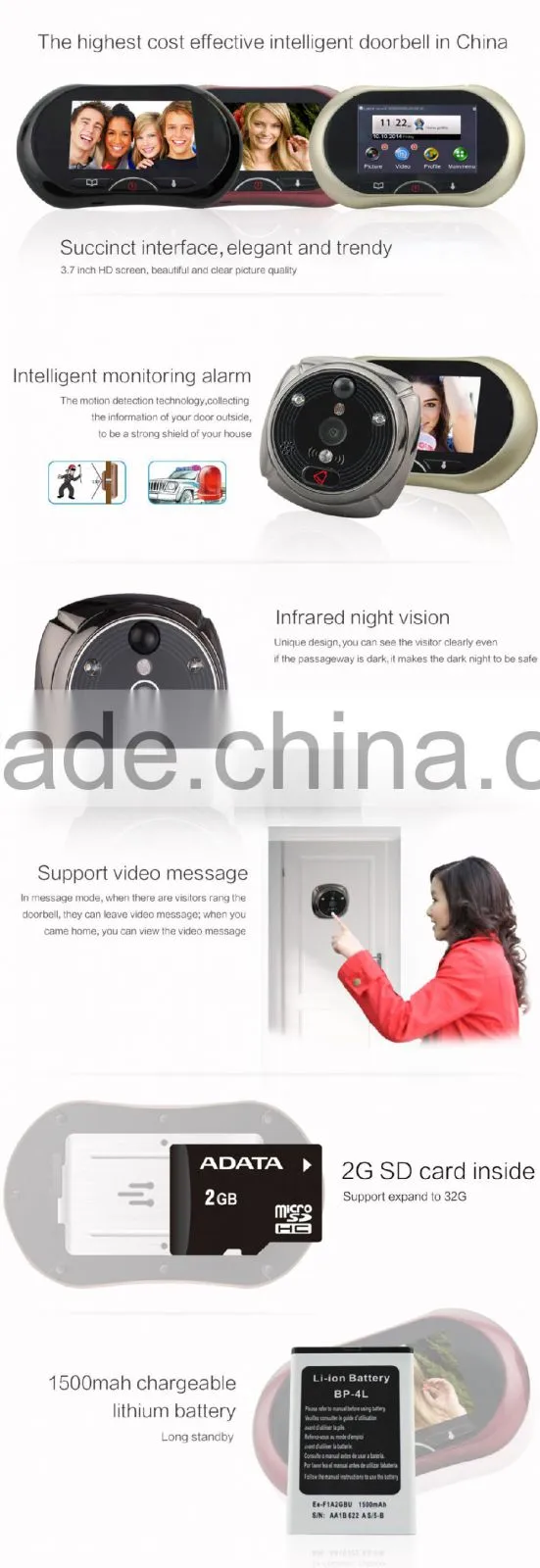 3.7 inch HD TFT LCD wireless digital door viewer