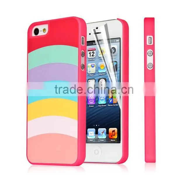 Set Screen Protector And Case For Iphone 5 , Hard Plastic Pink Colorful Stripes Custom Case