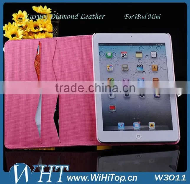 High Quality Diamond Leather For iPad Mini Leather Case Cover.Folio Leather Wallet Case for iPad Mini 7.9 inch.WHTS003