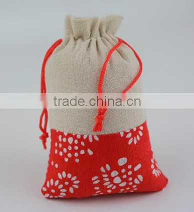Fashion spliced jute drawstring bag china factory