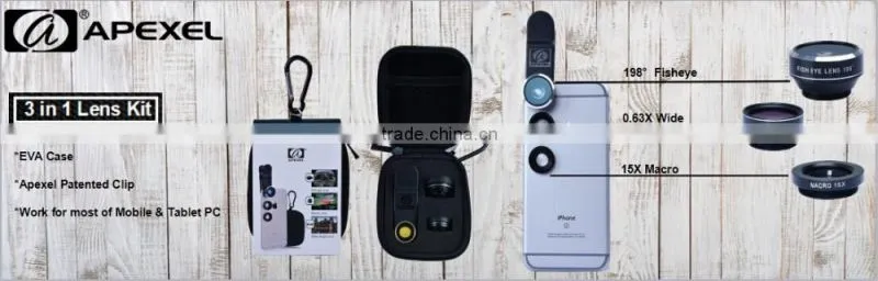 APEXEL 3 in 1 universal clip fish eye wide angle macro mobile phone lens for iPhone 6