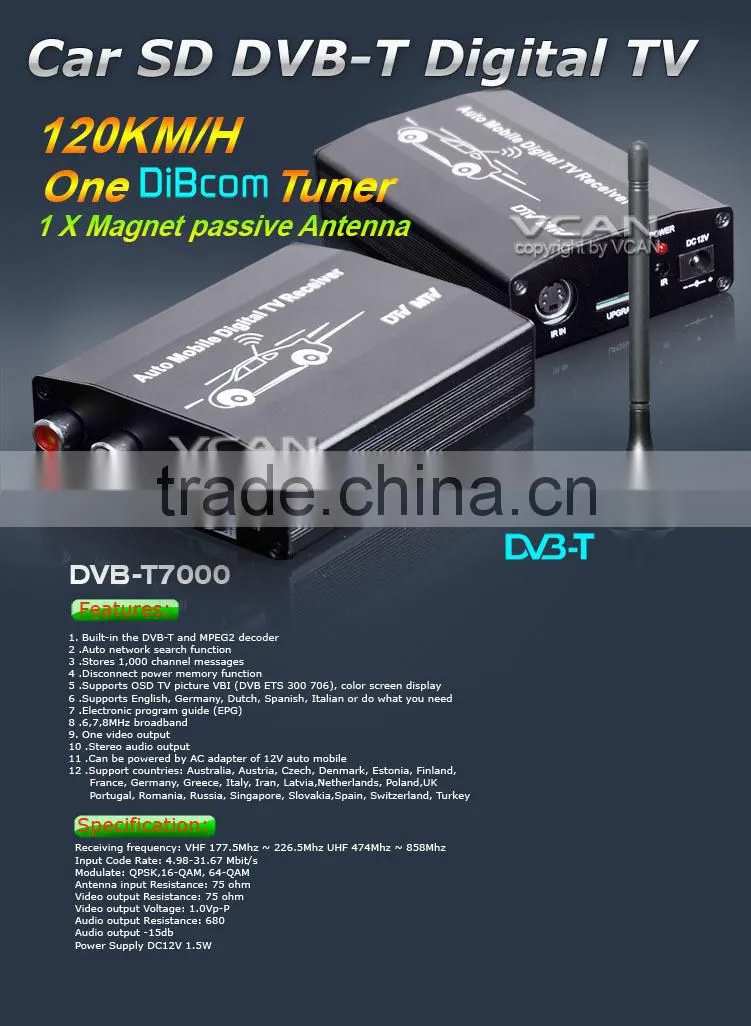 DVB-T7000 hd car DVB-T digital tv receiver One Tuner One antenna MPEG2 H.264 high speed