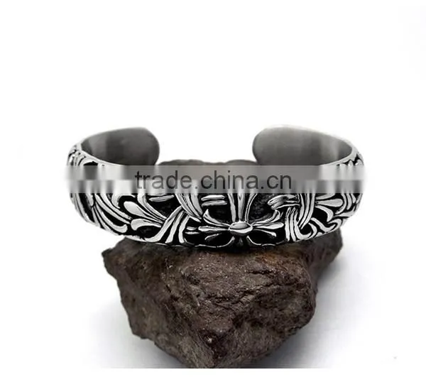 C shape antique silver vintage engraved stainless steel bangles
