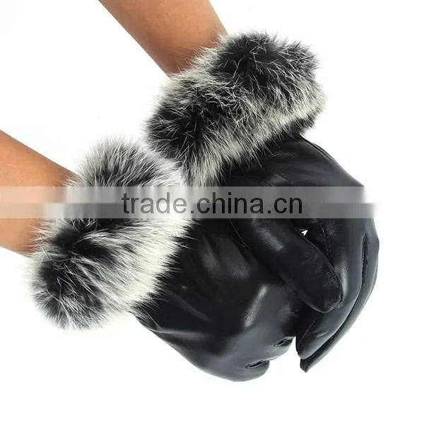 Women's Leather Gloves Autumn Winter Warm Rabbit Fur Gloves Sheepskin Mittens