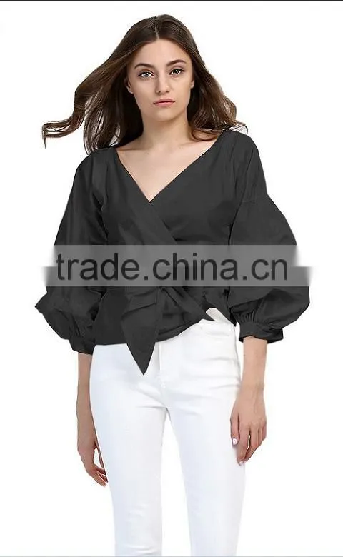 2017 new fashion solid tie belt puff sleeve tops
