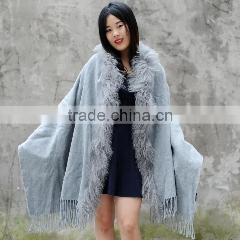 CX-B-P-04B Fashion Accessories 2017 Cashmere Shawl With Fur Trim
