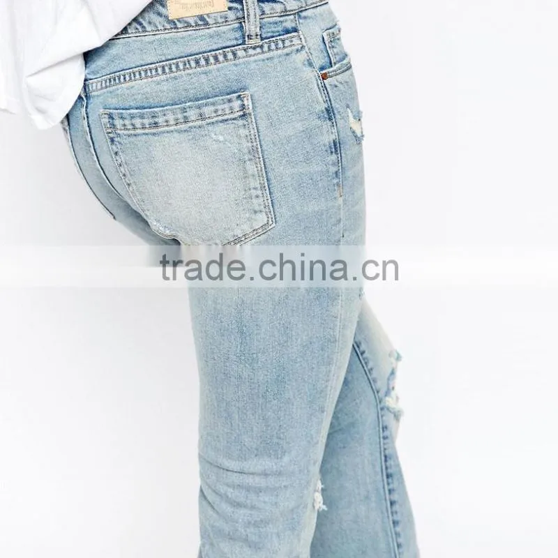 light blue plain knee ripped wide botton new model jeans pent style
