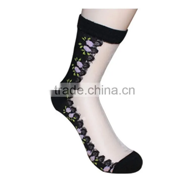 Hot sales Colorful Ultrathin Transparent Beautiful Socks Calcetines Pink Elastic Sock for Womens Crystal Lace Short Women sock