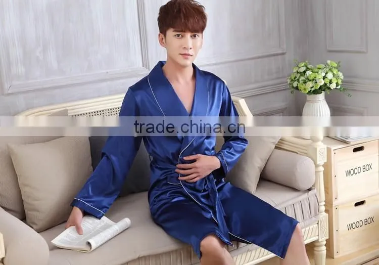 kimono silk robe satin men night robe pocket long belt white