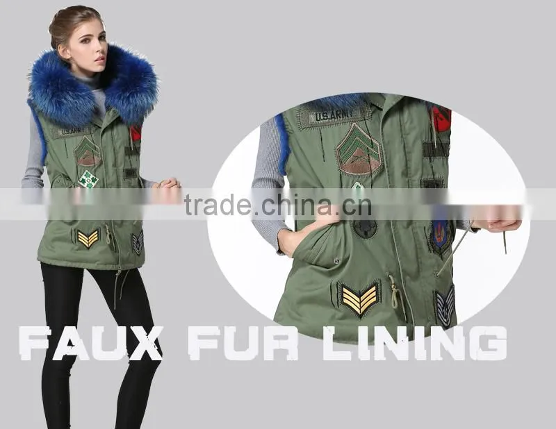 Facotory price fashion fully blue collar fur vest ,winter felman short fur coat/gillet with badge