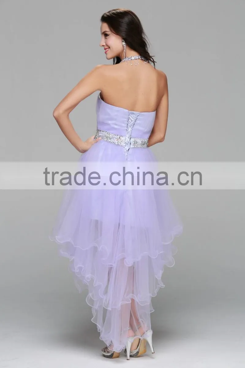 New design high quality crystal beaded tull Neck hanging Medium short Strapless sexy prom gown party dress