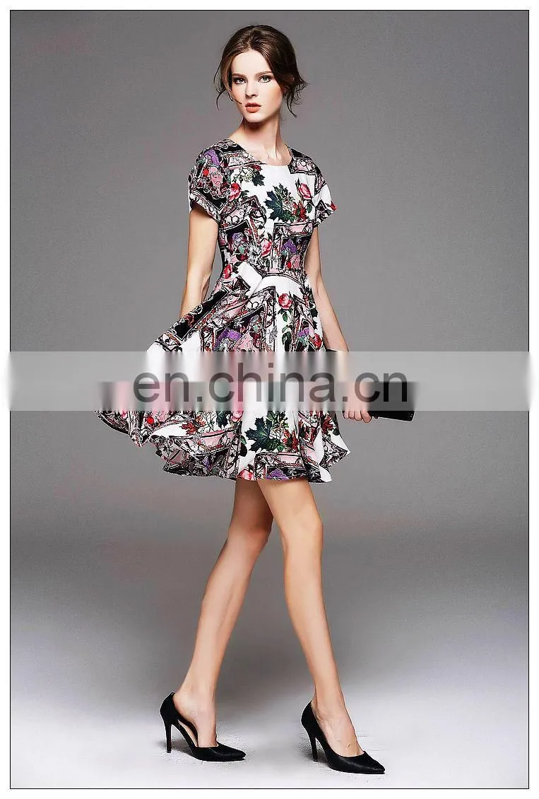 High quality short sleeve rayon cute print dress for 2016 summer