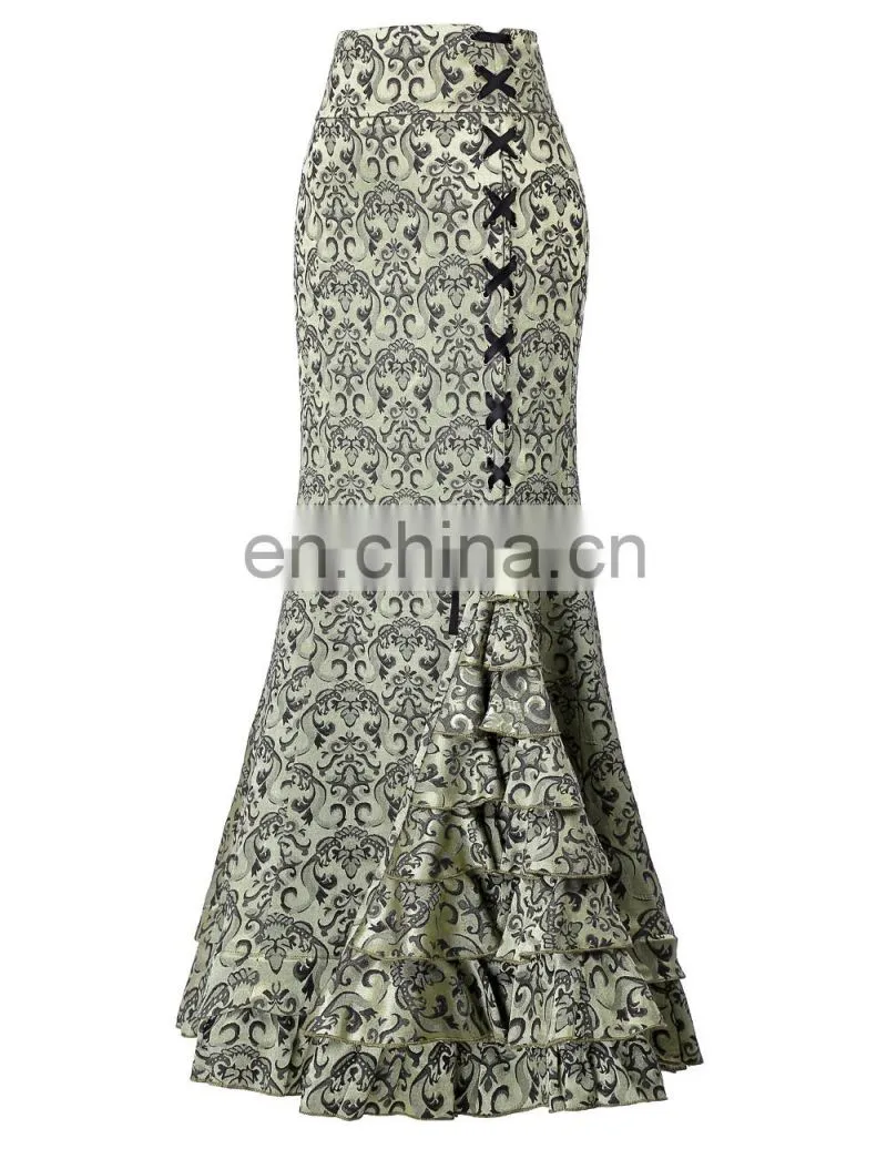 Belle Poque Women Vintage Retro Victorian Style Ruffled Jacquard Fishtail Mermaid Light Green Long Maxi Skirt BP000204-3