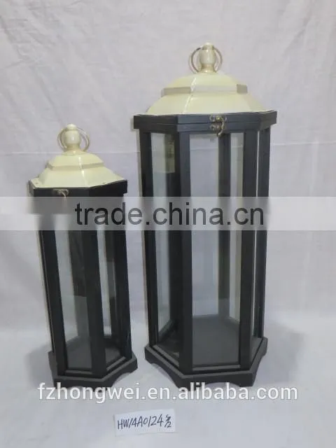 Hongwei Handmade Antique&Retro Wood Lantern/Candle Lantern/Candle Holder with Metal Lid&Ring Handle for Home&Garden Decor