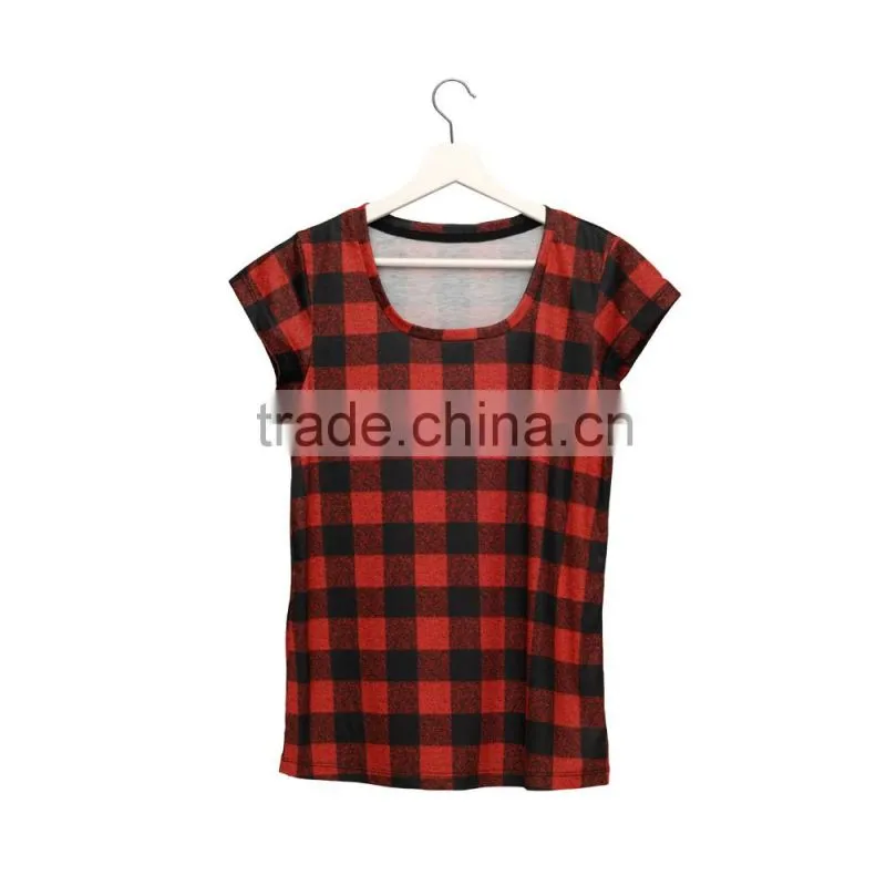 Brand New Custom 3D Printing Red Grid Plain T-shirt Softextile